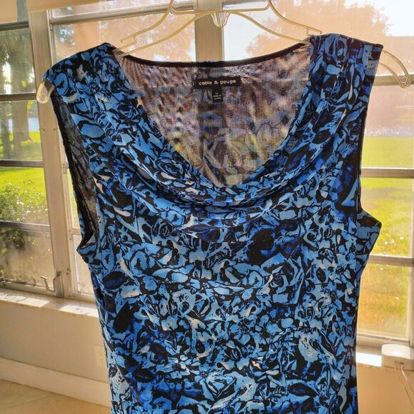 Cable & Gauge Mesh Lined Drape Neck Ruched Waist Sleeveless Blouse Blue Black M - Picture 5 of 13